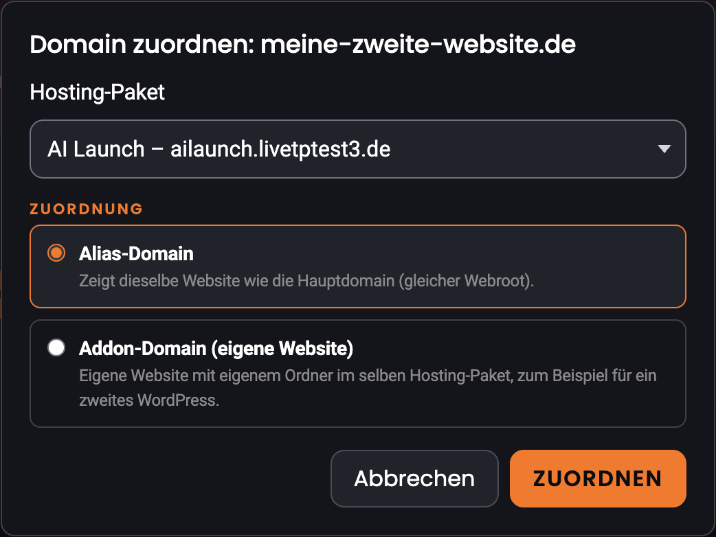 Fenster Domain zuordnen mit Paketauswahl und Zuordnungsart