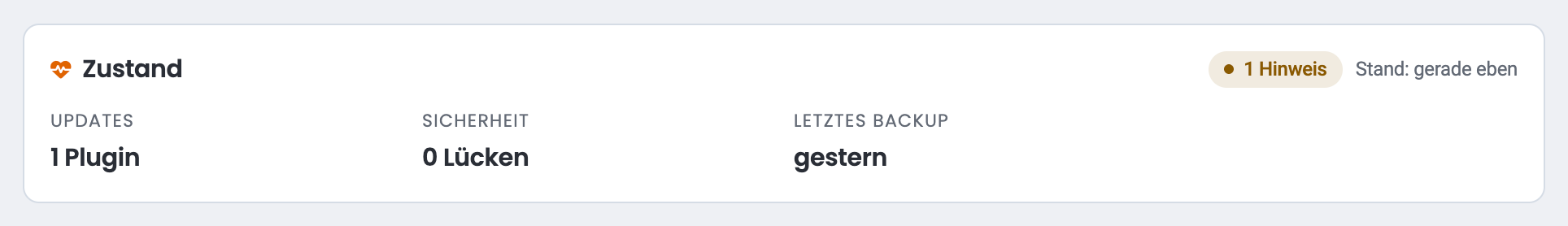 Karte „Zustand“ mit Kacheln Updates, Sicherheit, Letztes Backup