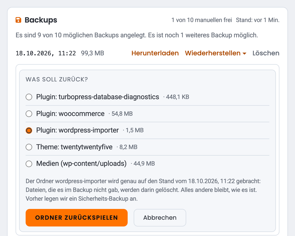 Backups-Karte mit geöffnetem Menü „Wiederherstellen“ und Auswahl „Einzelner Ordner“