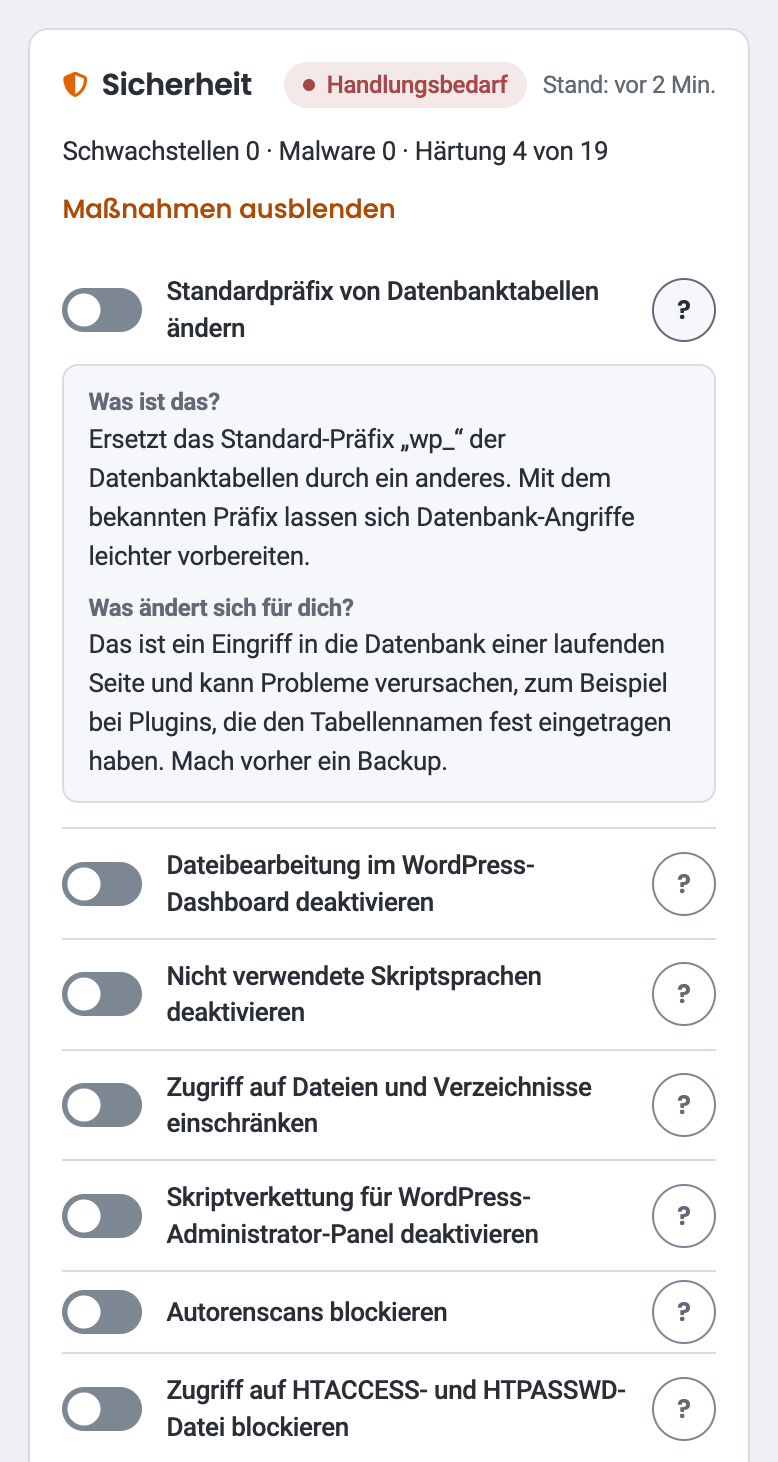 Karte „Sicherheit“ mit aufgeklappten Maßnahmen und einem geöffneten „?“