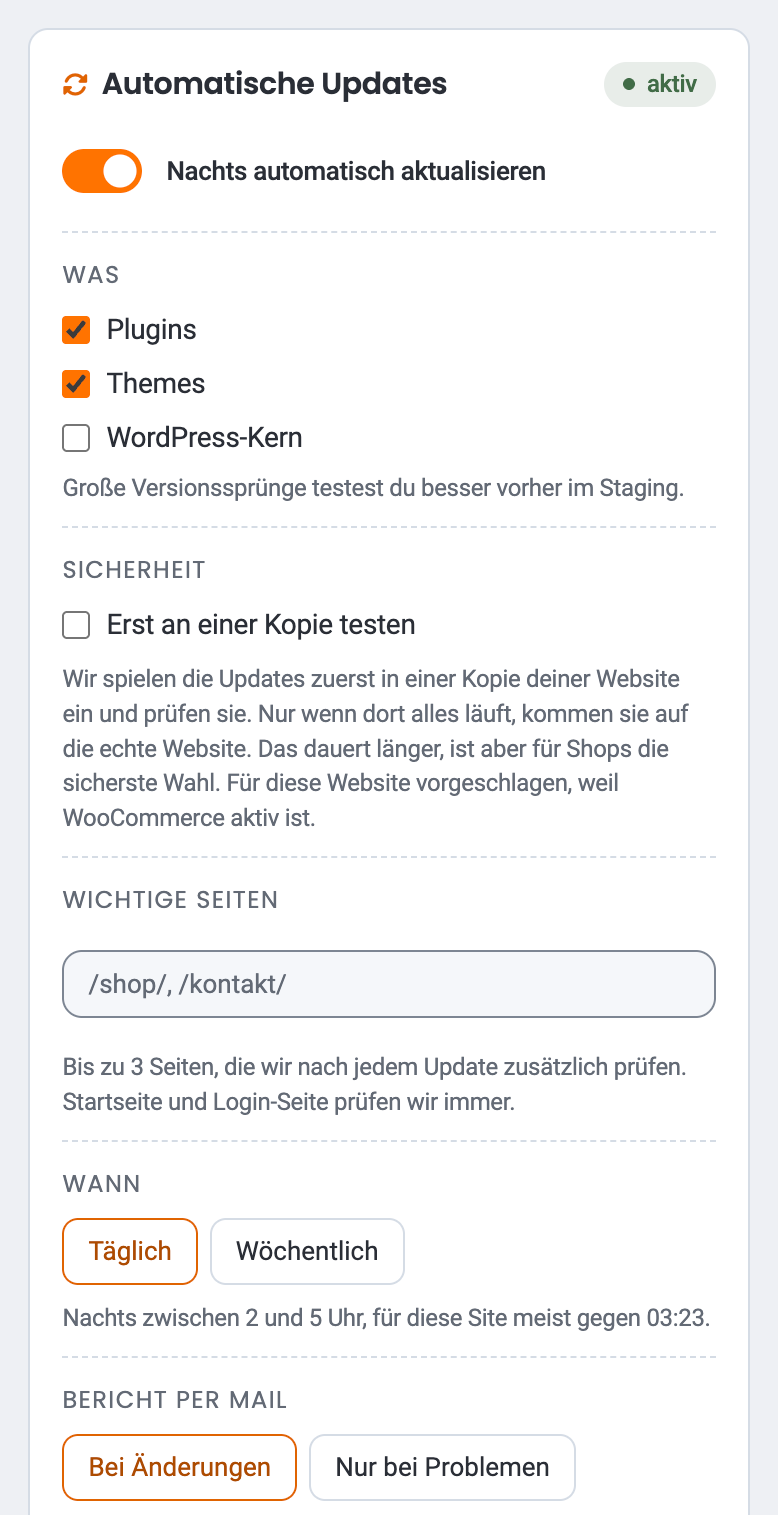 Karte „Automatische Updates“, aufgeklappt mit allen Einstellungen und zwei letzten Läufen