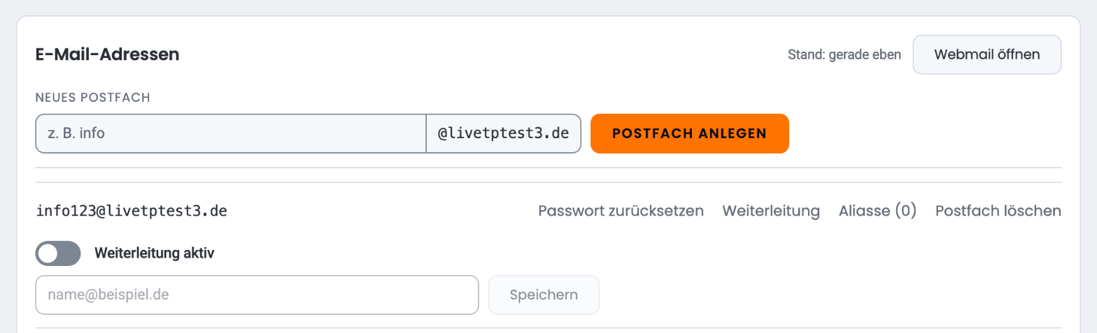 Reiter „E-Mail“ mit Postfachliste und geöffneter Weiterleitung