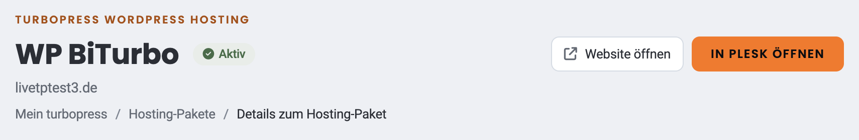 Kopf der Paketseite mit dem Button „In Plesk öffnen“