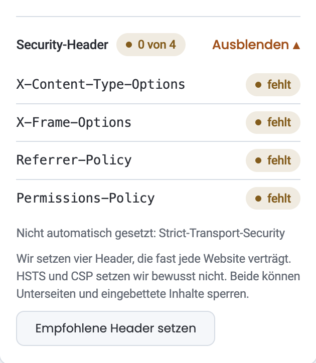 Zeile „Security-Header“ in der Karte „Sicherheit“, aufgeklappt mit den vier empfohlenen Headern