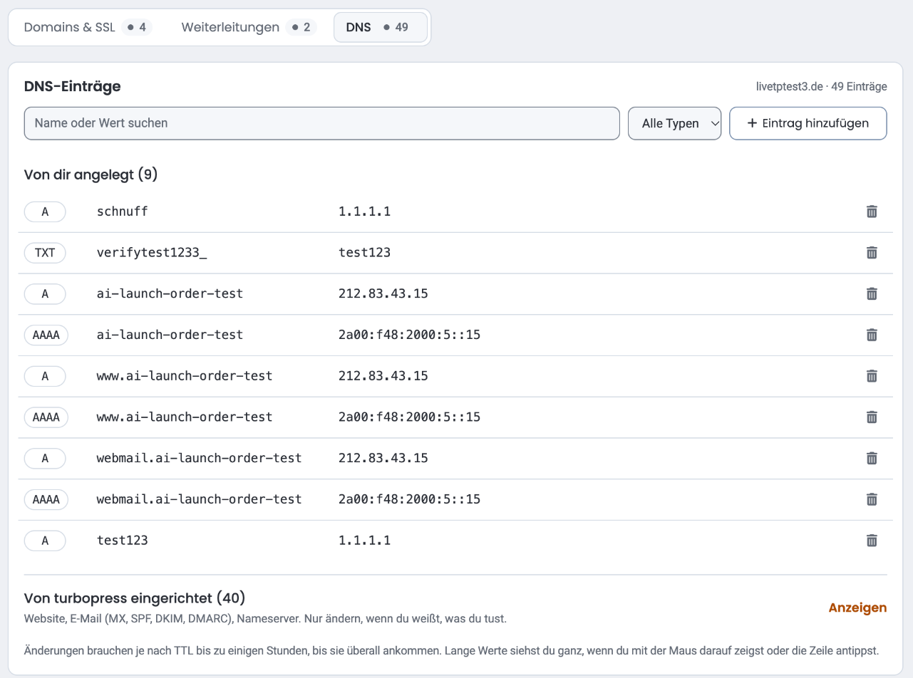 Segment „DNS“ mit Suchfeld „Name oder Wert suchen“, Typ-Filter „Alle Typen“, dem Knopf „Eintrag hinzufügen“, der Gruppe „Von dir angelegt“ mit eigenen Einträgen und der zugeklappten Gruppe „Von turbopress eingerichtet“ mit dem Link „Anzeigen“