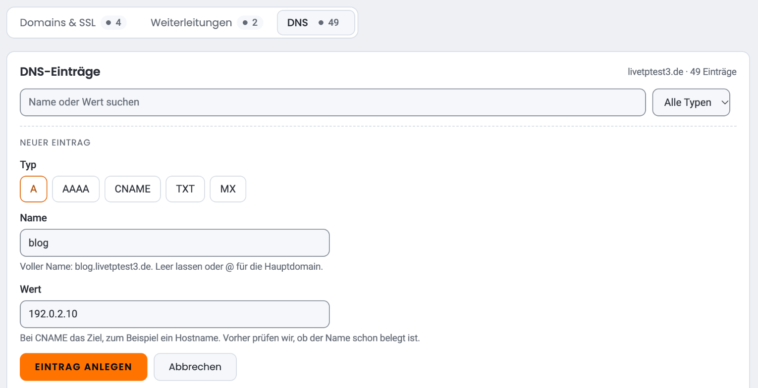 Formular „Neuer Eintrag“ mit den Typ-Knöpfen A, AAAA, CNAME, TXT und MX, den Feldern „Name“ (Beispiel blog) und „Wert“ (Beispiel 192.0.2.10) sowie den Knöpfen „Eintrag anlegen“ und „Abbrechen“