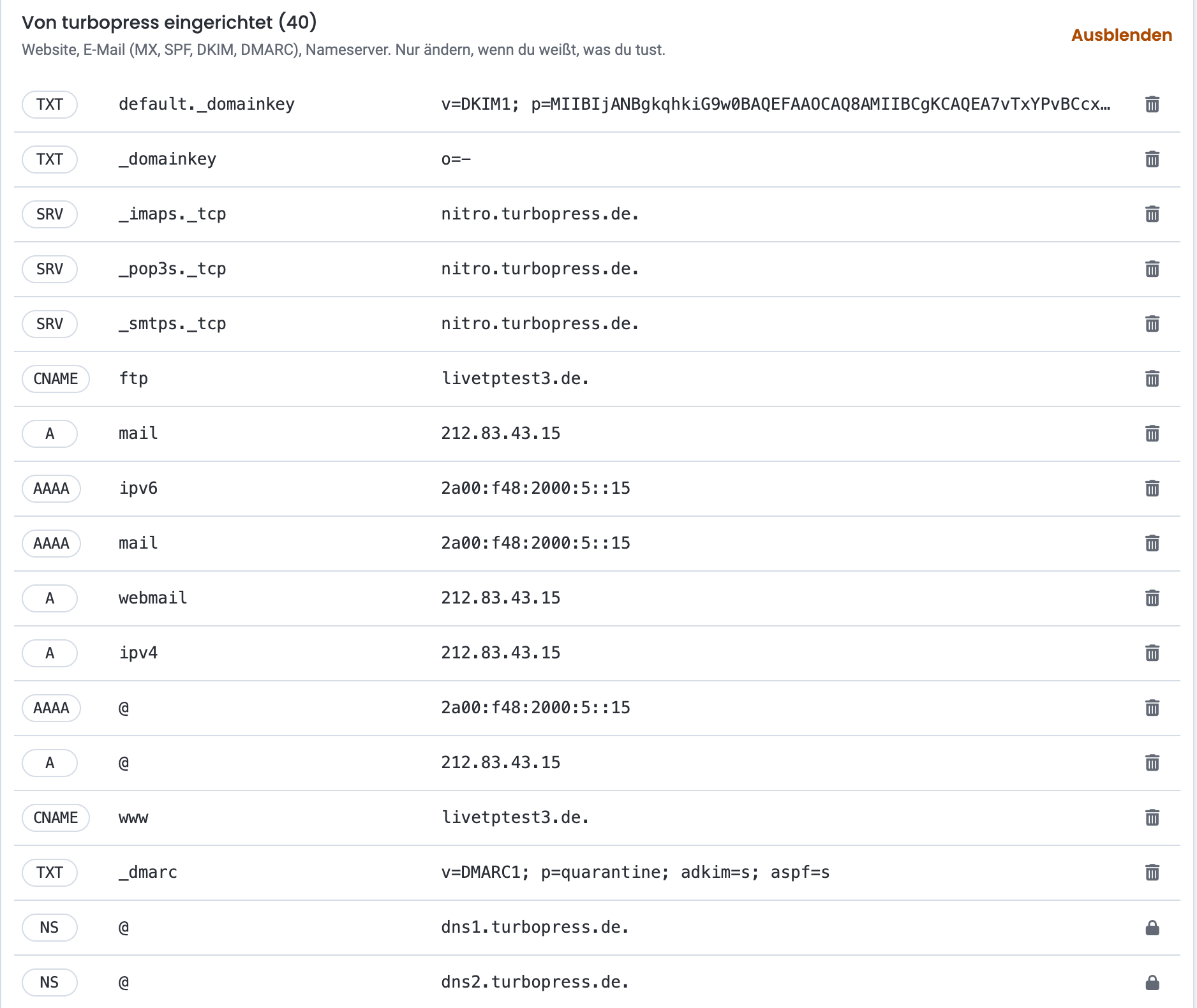 Aufgeklappte Gruppe „Von turbopress eingerichtet“ mit Einträgen für Website, E-Mail (DKIM, DMARC, SRV) und Nameserver; die Nameserver-Einträge tragen ein Schloss statt des Löschen-Symbols, oben rechts steht der Link „Ausblenden“
