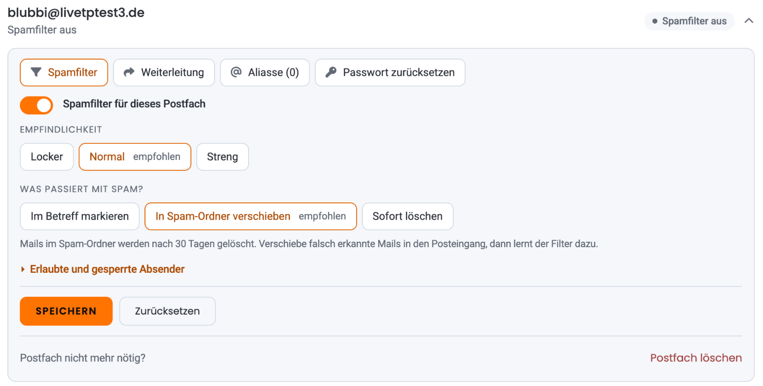 Aufgeklapptes Postfach mit gewähltem Bereich „Spamfilter“: Schalter „Spamfilter für dieses Postfach“, Empfindlichkeit Locker, Normal (empfohlen) und Streng, die Optionen „Im Betreff markieren“, „In Spam-Ordner verschieben“ (empfohlen) und „Sofort löschen“, der Bereich „Erlaubte und gesperrte Absender“ sowie die Knöpfe „Speichern“ und „Zurücksetzen“