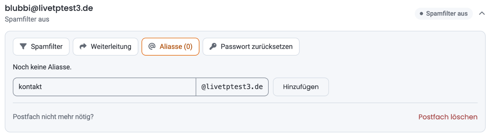 Aufgeklapptes Postfach mit gewähltem Bereich „Aliasse“: Hinweis „Noch keine Aliasse.“, Eingabefeld für den Alias-Namen (Beispiel kontakt) vor der Domain und der Knopf „Hinzufügen“