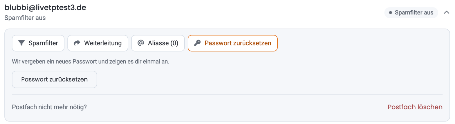 Aufgeklapptes Postfach mit gewähltem Bereich „Passwort zurücksetzen“: Hinweis, dass ein neues Passwort vergeben und einmal angezeigt wird, und der Knopf „Passwort zurücksetzen“