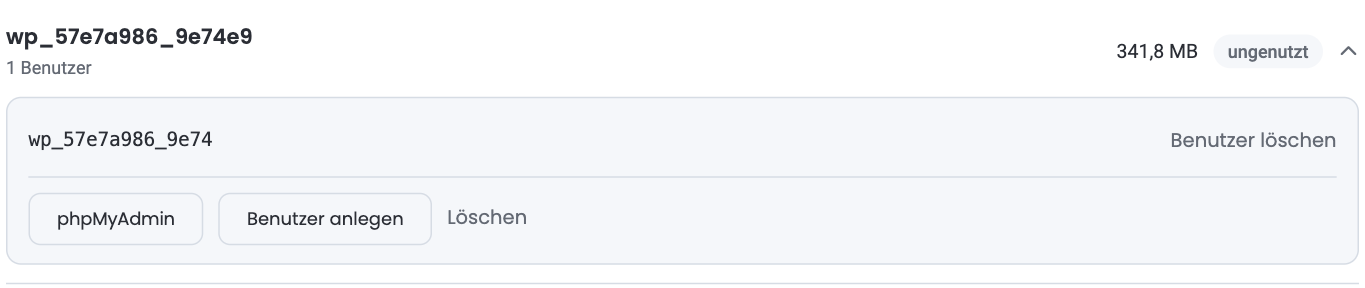 Aufgeklappte Datenbank mit einem Datenbank-Benutzer und dem Link „Benutzer löschen“, den Knöpfen „phpMyAdmin“ und „Benutzer anlegen“ und dem Link „Löschen“