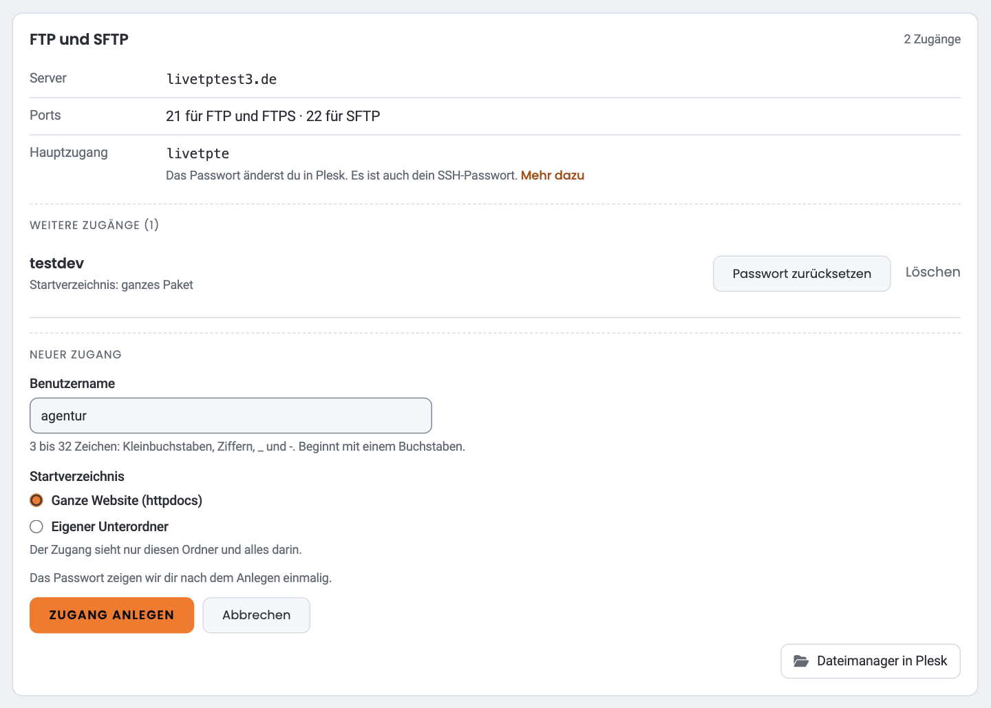 Karte „FTP und SFTP“ mit geöffnetem Formular „Neuer Zugang“: Benutzername „agentur“, Startverzeichnis „Ganze Website (httpdocs)“ oder „Eigener Unterordner“, Hinweis zum einmalig gezeigten Passwort und die Knöpfe „Zugang anlegen“ und „Abbrechen“