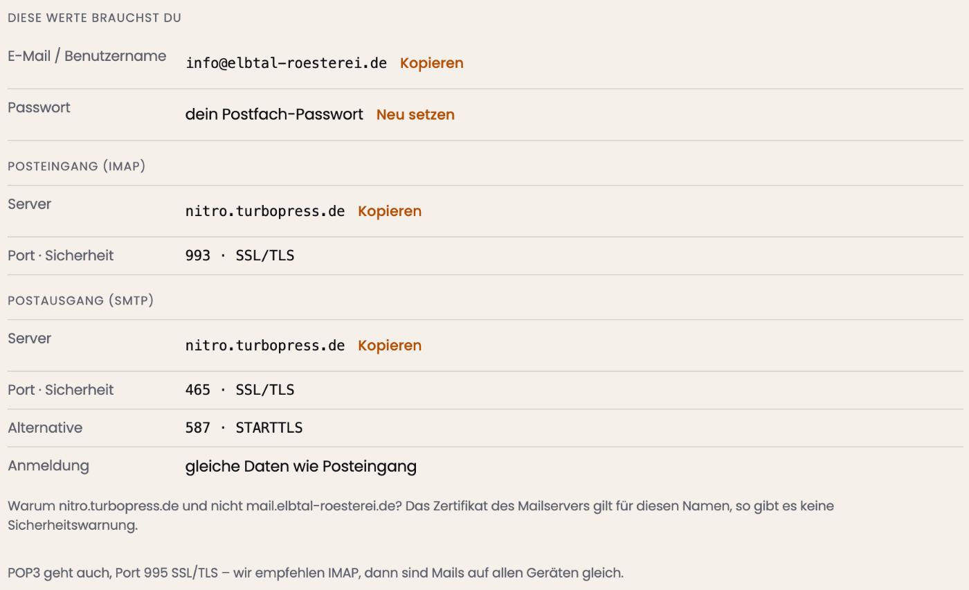 Tabelle „Diese Werte brauchst du“ mit E-Mail / Benutzername, Passwort, Posteingang (IMAP) nitro.turbopress.de Port 993 SSL/TLS und Postausgang (SMTP) nitro.turbopress.de Port 465 SSL/TLS, Alternative 587 STARTTLS