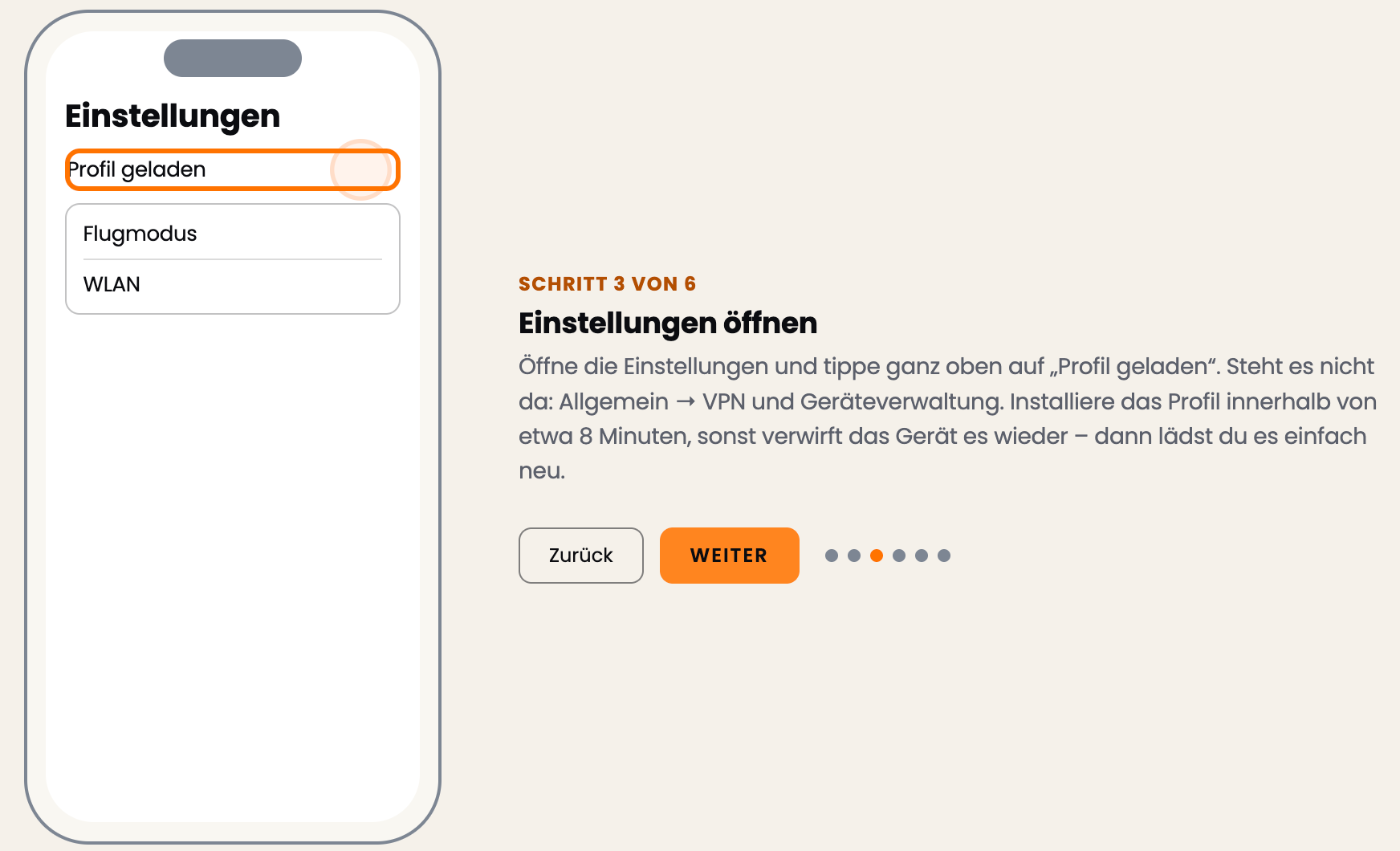 Gezeichnetes iPhone mit den Einstellungen und dem markierten Eintrag „Profil geladen“, daneben „Schritt 3 von 6: Einstellungen öffnen“ mit den Knöpfen Zurück und Weiter